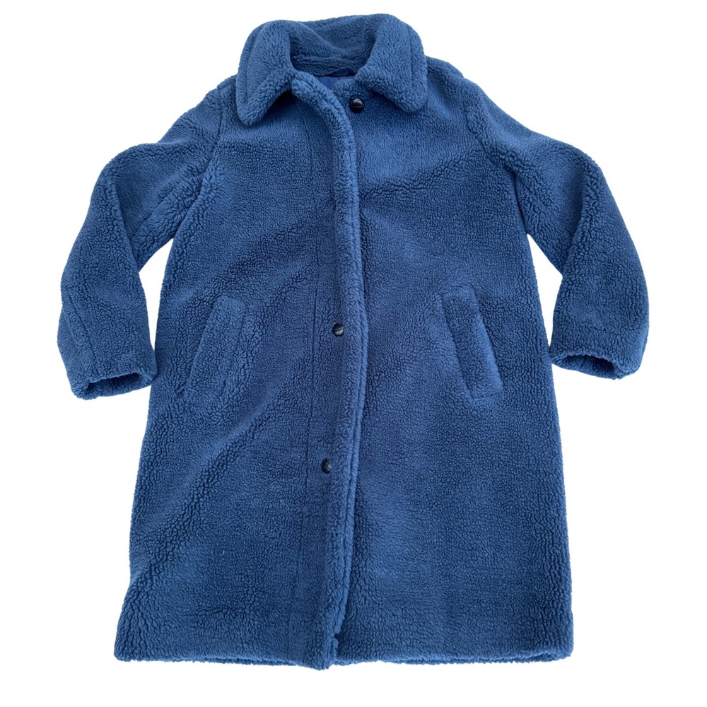 Gap Sherpa Overcoat Medium Blue Teddy Fleece Longline Button Jacket S/613305